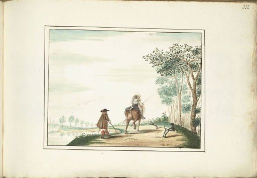 Gentleman and lady on horseback and a pedestrian in a landscape