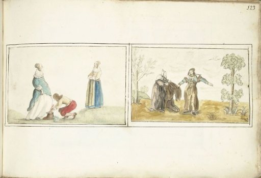 A Gentleman Tying a Shoe and a Hermit Giving a Cloak