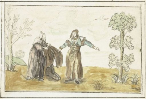 A Hermit Giving His Cloak to a Lady