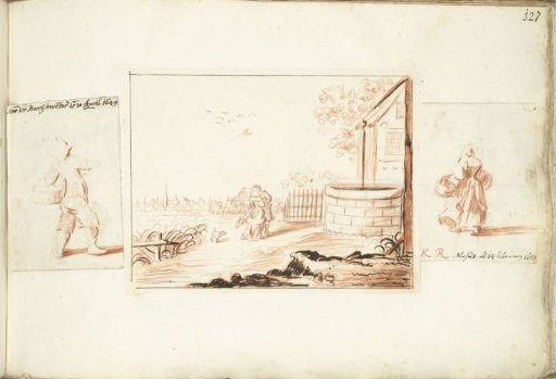 Boy with a Basket, Gentleman and Lady Greeting Each Other, and Woman with Baskets