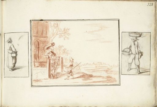 Woman with a Stove, Two Men at a Country House, and a Man with Baskets