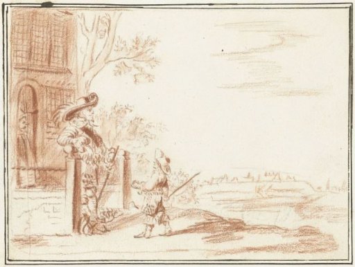 Two Gentlemen and a Boy (Page?) at a Country House