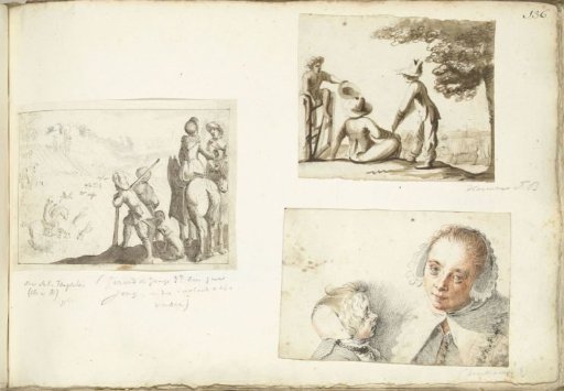 Hunters with falcons, shepherd boys, and a woman and child