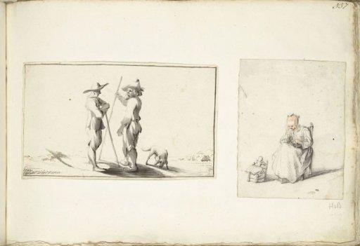 Two standing men and a sewing girl