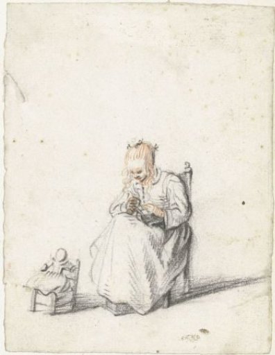 Sewing girl, sitting next to her doll