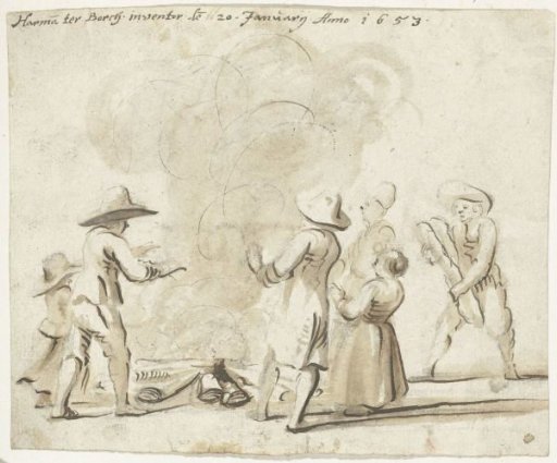 Group of Figures Warming Themselves by a Fire