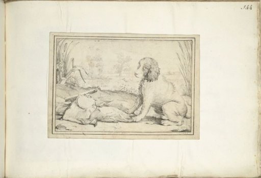 Dog Next to Hunting Gear and Game in a Landscape