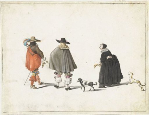 Woman in Black, Accompanied by Two Dogs, Talking with Two Gentlemen