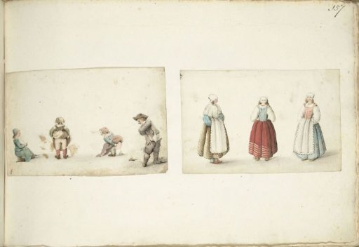 Four Children Relieving Themselves and Three Standing Women