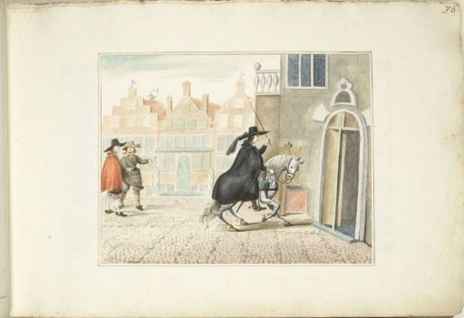 Horseman on horseback at the entrance of a public building