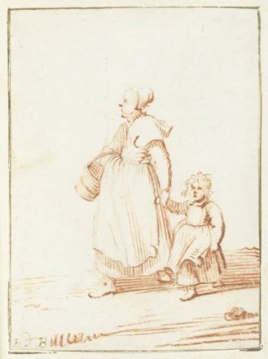Walking woman with a child by the hand