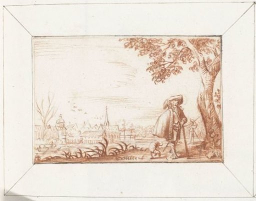 Gentleman standing on a riverbank opposite a city