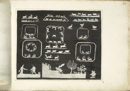 Running animals, figures, and Narcissus