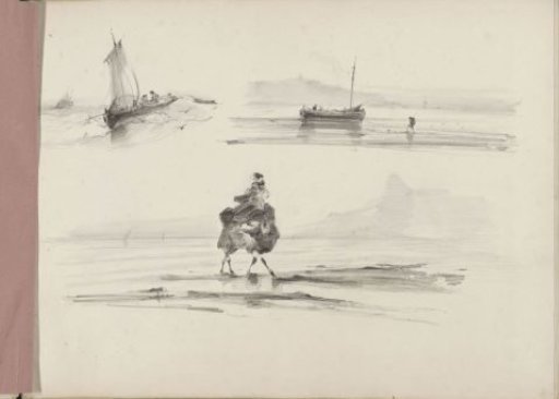 Seascapes with sailing boats and a man on a camel