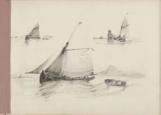 Three seascapes, including a sailing ship before a rock