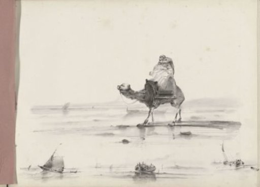 Man riding a camel along a coast