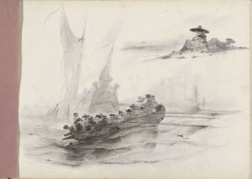 Rowing boat with figures near a two-master