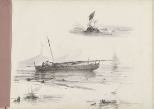 Figures on a moored sailing ship before a coast