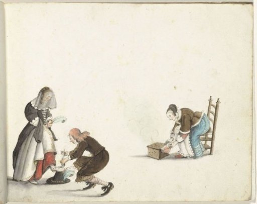 A Gentleman Tying a Lady's Shoe and a Woman Lighting a Stove