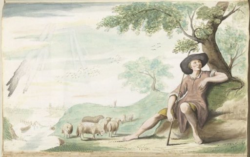 Shepherd Resting Under a Tree Beside His Flock