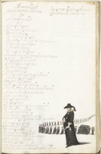 A mourning gentleman with a funeral procession behind him