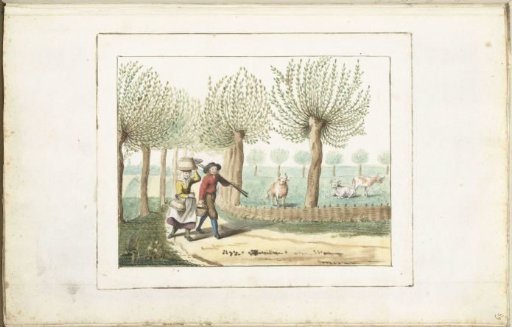Peasant couple walking on a country road