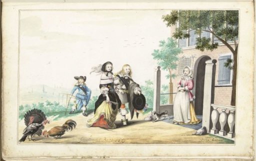 A gentleman greets a lady at the door of a country house