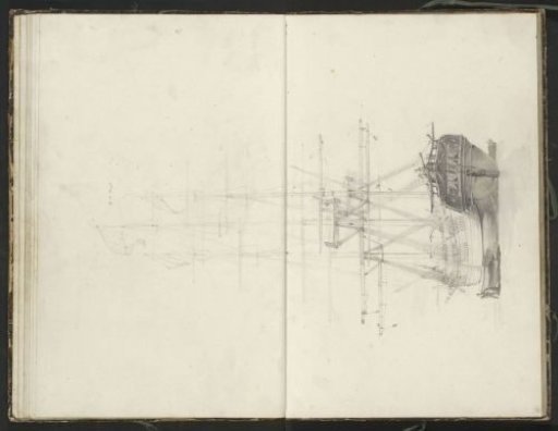 Figures on and next to a moored three-master