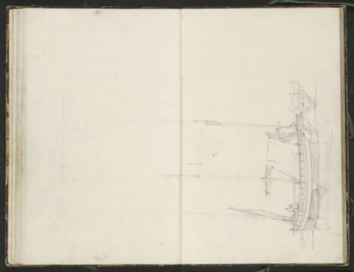 Two men on a moored sailing ship at a pier