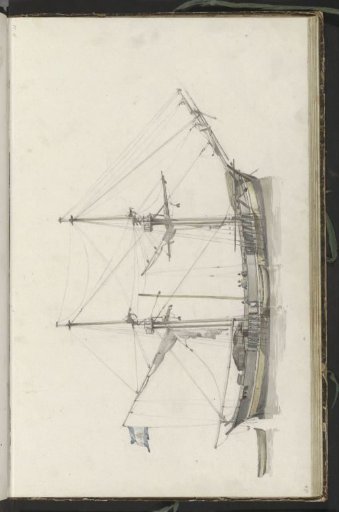Two-masted ship with four crew members