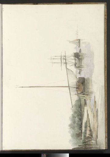 Sailing ships at anchor near a shore