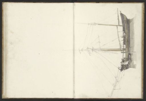 Sailing ship at anchor near a mooring post