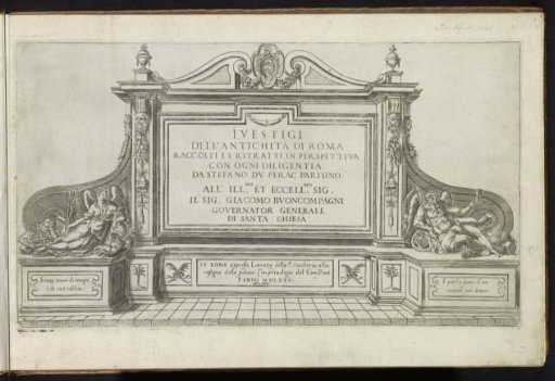 Title print with a monument with title, flanked by Fame and Father Time