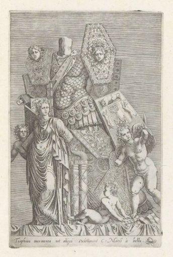Trophy of weapons, a female figure, and angels
