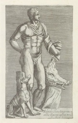 Sculpture of Adonis with hunting dog and boar's head