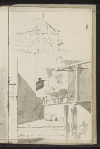 Hut and a city view with a drawbridge