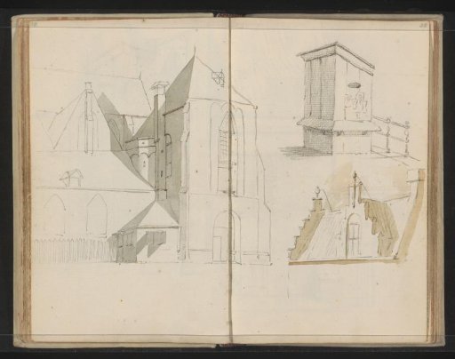 Exterior of a church, a stepped gable, and a chimney