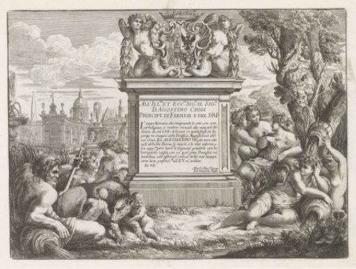 Dedication and coat of arms of Agostino Chigi and a view of Rome