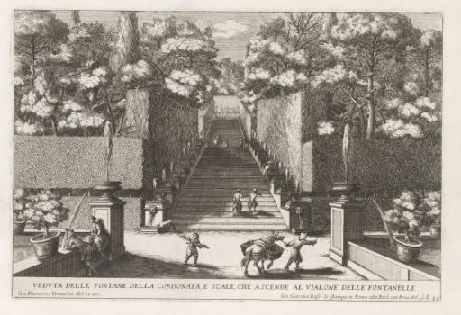 Staircase with fountains in the gardens of the Villa d'Este in Tivoli