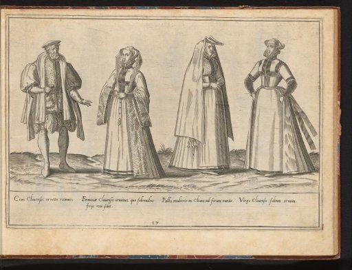Three women and a man, dressed according to the fashion of ca. 1580 in Cleves