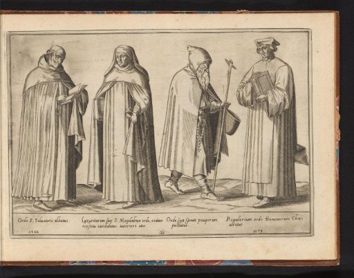Three monks from different orders and a pilgrim with a staff