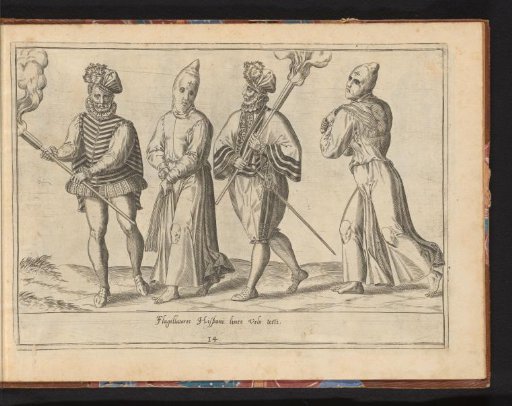 Two Spanish soldiers and two flagellants with hoods over their heads