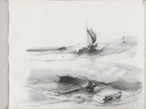Lifeboat with figures near a shipwreck