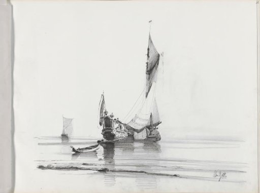 Sailing ship at anchor off a coast