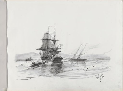Rowboat with figures near a two-master