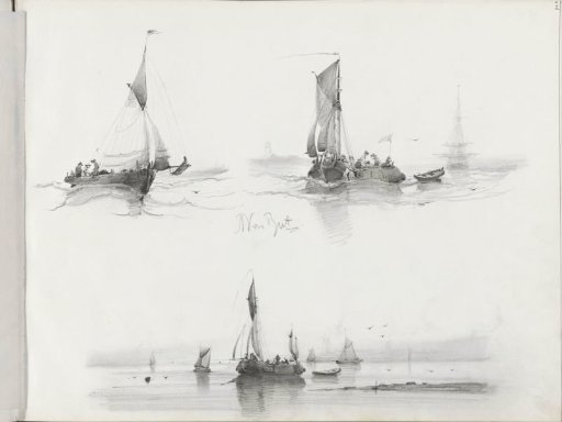 Zeilschepen met figuren op het water