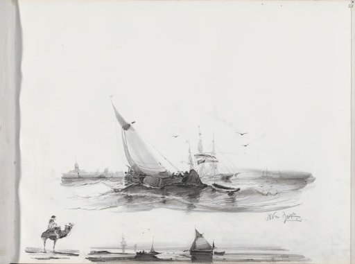 Seascapes and a man on a camel