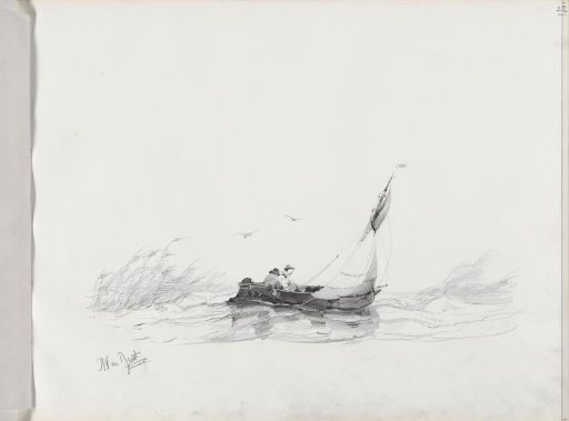 Two men in a sailboat near a reed bed