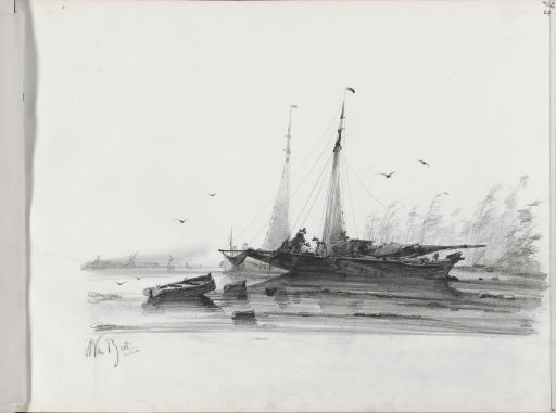 Figures on a moored sailing ship near a reed bed