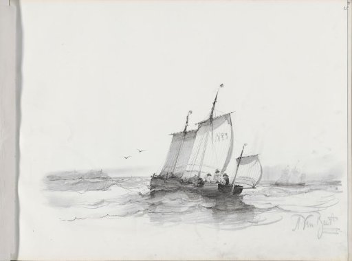 Two sailboats with figures on the water